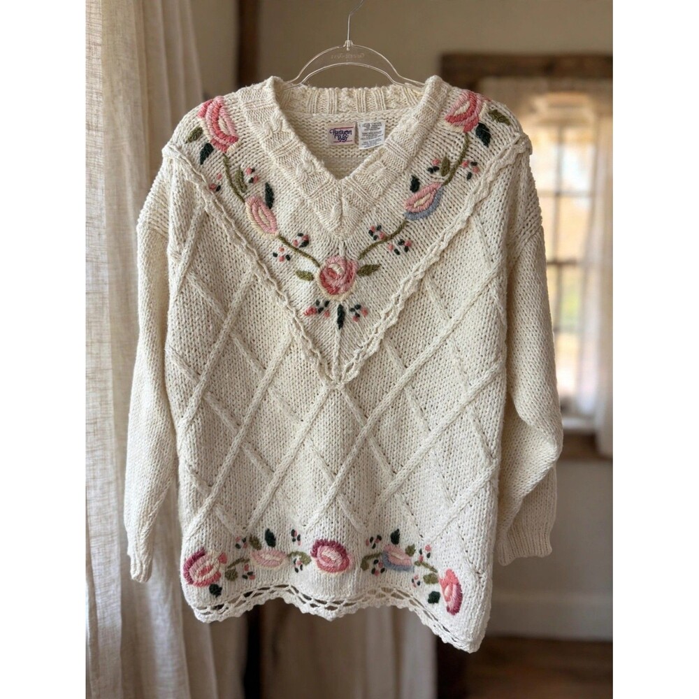 VTG Huntington Ridge Sweater XL Cream Floral Embroidered Cottagecore Knit